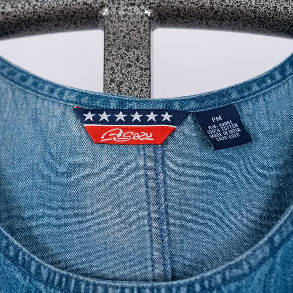 Women's Denim Jumper Dress Medium PETITE Embroidered USA Flag Patriotic Casual - Picture 7 of 7